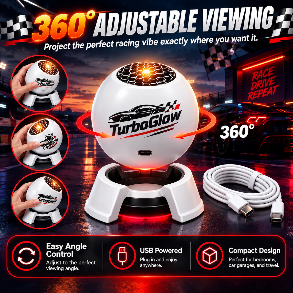 TurboGlow Mini Projector projecting race cars