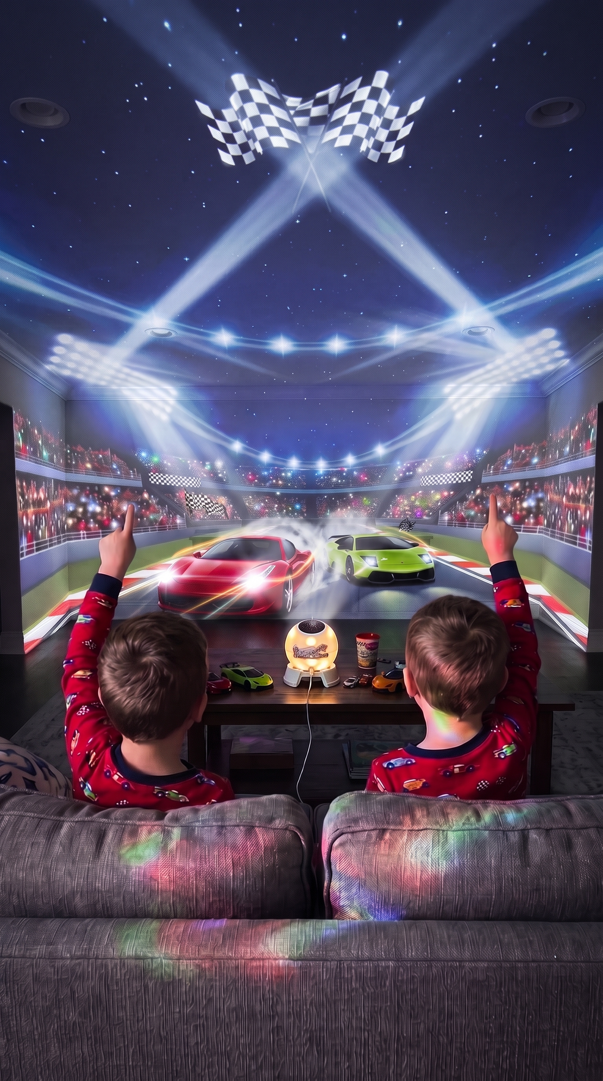 Two boys watching a race car night race projected across the living room walls and ceiling
